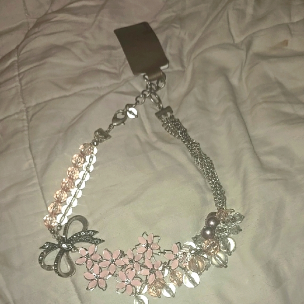 Chic Silver and Pink Floral Necklace